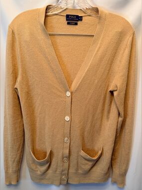 Polo Ralph Lauren Women’s Small 100% Cashmere Pocket Front Button Cardigan Tan